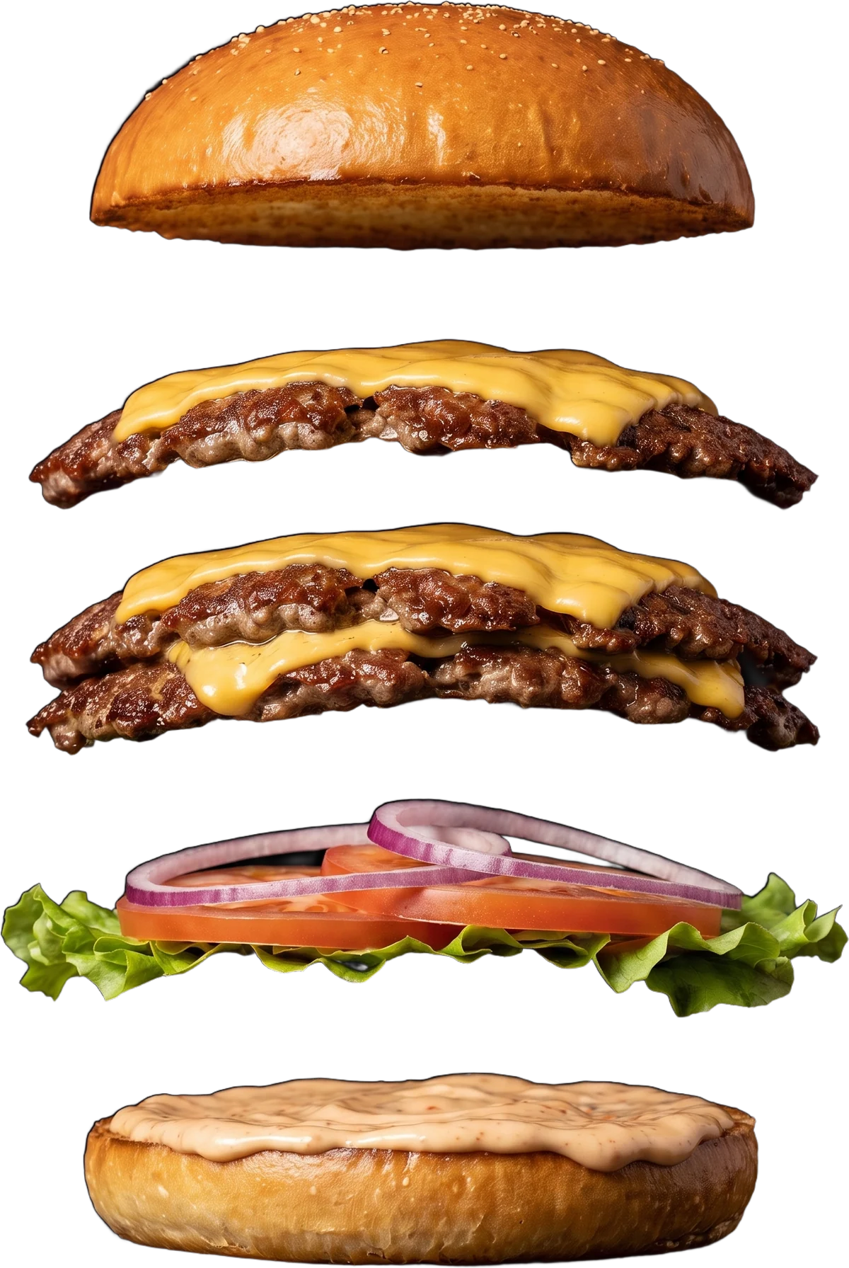 Szétbontott SmashR burger: felül a pirított bucka, alatta két smashelt marhahúspogácsa olvadt sajttal, majd saláta, paradicsom és lilahagyma, legalul a szószos alsó bucka
